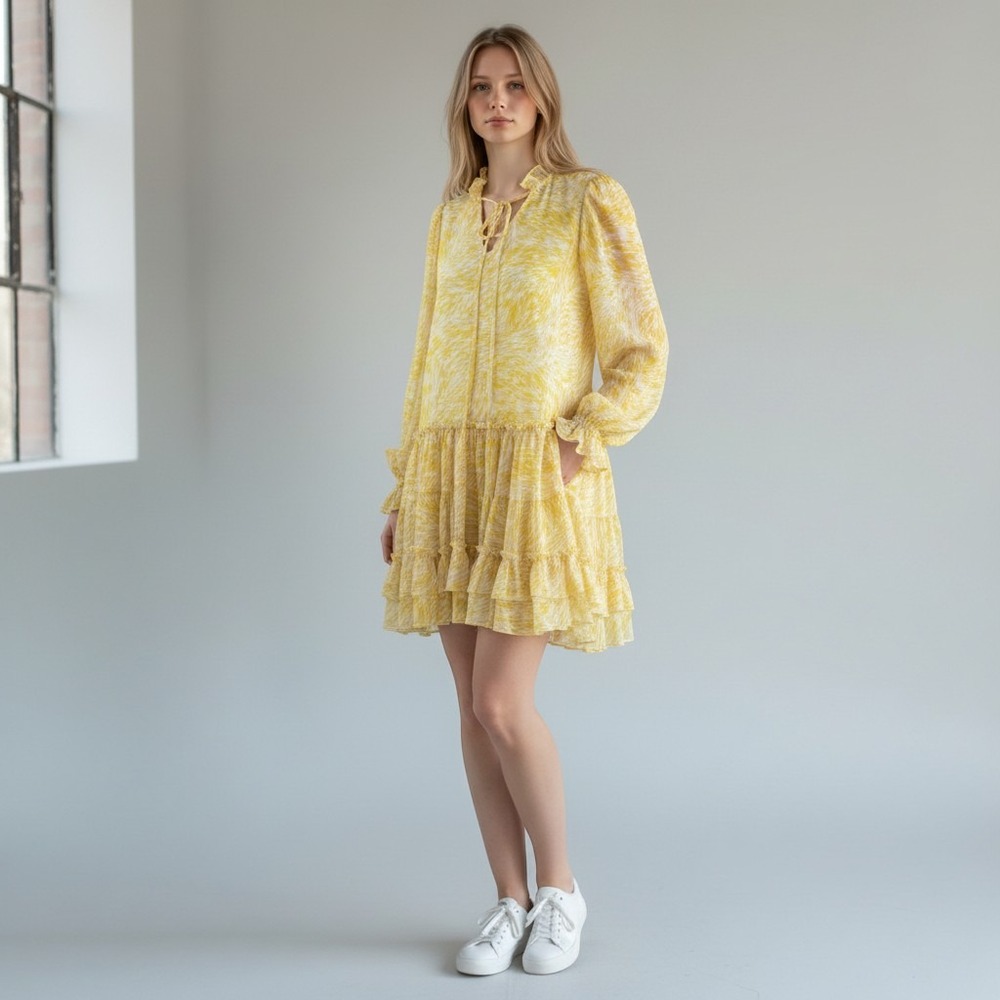 KLEID FOR HER Cottage Ruffle Mini Dress XS Sheer Boho Butter Yellow Long Sleeve